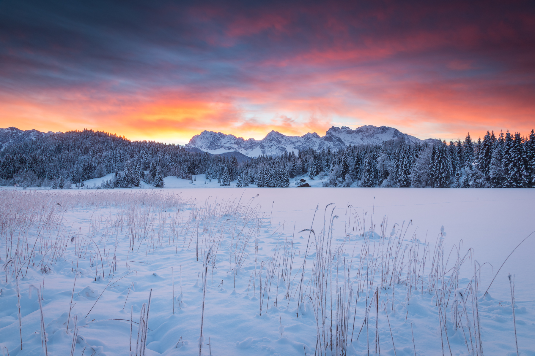 Sunset over Bavarian Mountains in Winter
